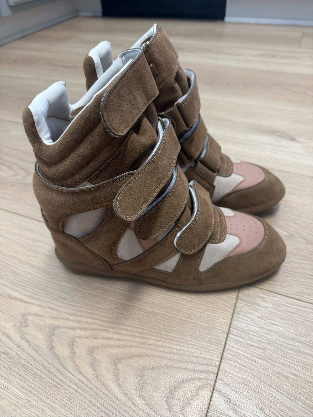 Suede Wedge Sneaker Boot in Brown and Pink